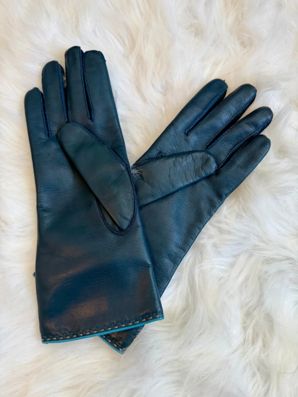 Coach Teal Leather Gloves with Cashmere Lining - Picture 2 of 8
